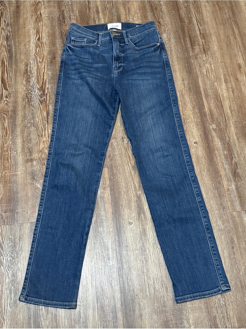 Frame Le Sylvie Slender Straight Jeans Women's 25 High Rise in Stallion Wash Den